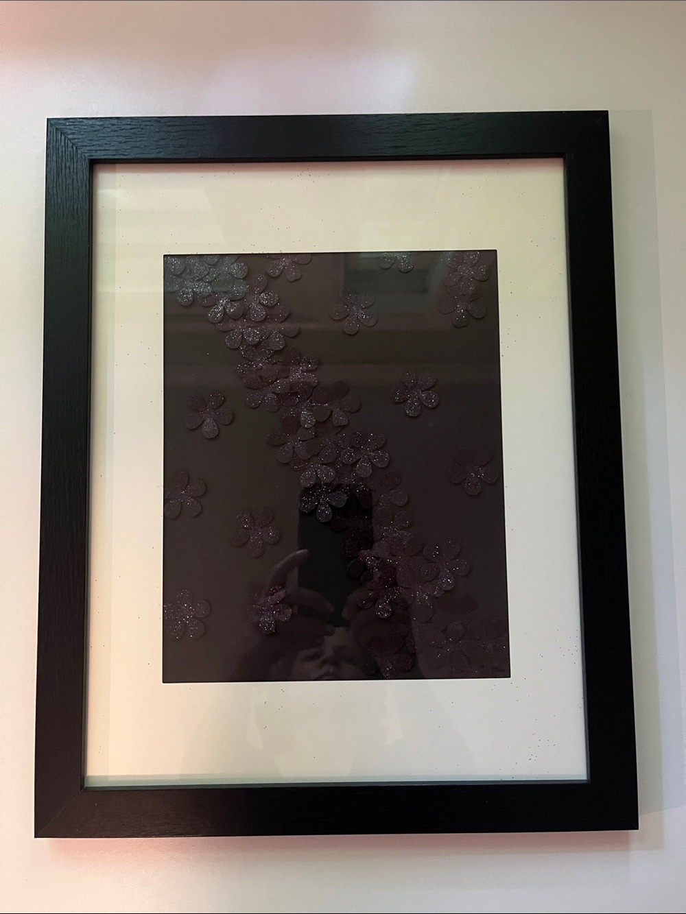🖤✨ Framed Black Glitter Flower Embellishment Artwork | Black Frame & White Mat